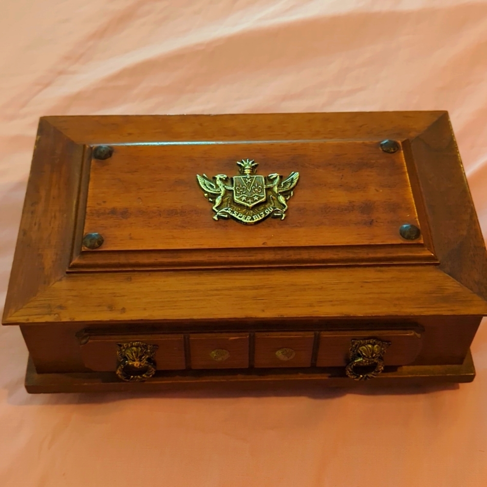 Vintage S. Sper Bijou Wooden Jewelry Box with Family Crest